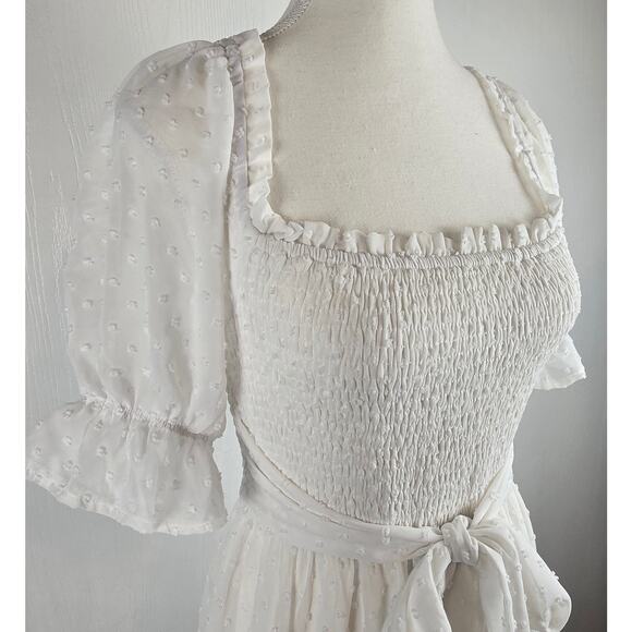 Merokeety Womens Small Smocked Dress Puff Dot Tie Front Sheer White Cottage Core - Picture 3 of 10